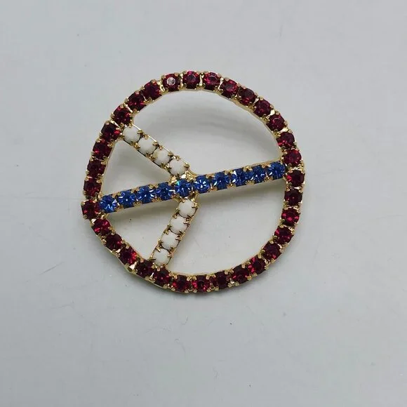 Vintage Gold Tone Patriotic Rhinestone Peace Symbol Brooch Pin - Picture 2 of 4